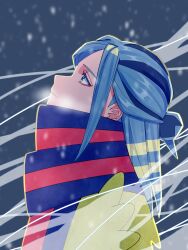 Rule 34 | 1boy, blue hair, blue scarf, breath, closed mouth, commentary request, creatures (company), eyelashes, from side, game freak, grusha (pokemon), highres, jacket, kana (kanna runa0620), looking up, male focus, nintendo, outdoors, pokemon, pokemon sv, scarf, sidelocks, snowing, solo, striped clothes, striped scarf, upper body, yellow jacket