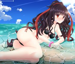 Rule 34 | 1girl, ass, azami (kagerou project), bikini, black bikini, black hair, breasts, cloud, cloudy sky, commentary request, hair between eyes, hair ribbon, helvetica std, highres, kagerou project, light beam, long hair, looking at viewer, lying, ocean, on side, own hands together, partially submerged, patreon username, red eyes, red ribbon, ribbon, scales, sky, small breasts, solo, sun, swimsuit, watermark, wavy hair, web address, wristband