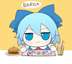 Rule 34 | blue bow, blue dress, blue eyes, blue hair, bow, burger, chibi, cirno, collared shirt, dress, drink, english text, food, fumo (doll), hair bow, light blush, light frown, looking at viewer, placemat, rei (tonbo0430), shirt, short hair, simple background, smile, solo, table, tagme, touhou, white shirt