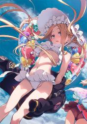 2girls, abigail williams (fate), abigail williams (swimsuit foreigner) (fate), ass, bangs, bare shoulders, bikini, blonde hair, blue eyes, blush, bonnet, bow, braid, braided bun, breasts, cape, clothes down, commentary request, dress swimsuit, fate/grand order, fate (series), feet out of frame, frilled bikini, frilled swimsuit, frills, heart, heart print, highres, hiroyama hiroshi, illyasviel von einzbern, illyasviel von einzbern (swimsuit archer) (fate), inflatable armbands, innertube, jacket, long hair, looking at viewer, multiple bows, multiple girls, navel, open mouth, outdoors, parted bangs, red swimsuit, sky, small breasts, star (symbol), star print, swimsuit, twintails, white bikini, white bow, white headwear, white swimsuit