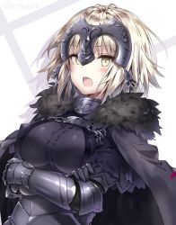 Rule 34 | 1girl, armor, black armor, black dress, blush, breast hold, breasts, cape, chain, collar, commentary request, crossed arms, dress, fate/grand order, fate (series), fur collar, gauntlets, headpiece, jeanne d&#039;arc (fate), jeanne d&#039;arc alter (avenger) (fate), jeanne d&#039;arc alter (avenger) (first ascension) (fate), jeanne d&#039;arc alter (fate), large breasts, looking at viewer, metal collar, open mouth, plackart, riichu, short hair, silver hair, solo, twitter username, vambraces, yellow eyes