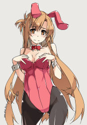 Rule 34 | 1girl, animal ears, artist name, asuna (sao), black pantyhose, blush, bow, bowtie, breasts, brown eyes, brown hair, closed mouth, commentary, covered navel, covering privates, covering breasts, cowboy shot, dated, detached collar, fake animal ears, frown, grey background, half updo, highres, leotard, long hair, looking at viewer, medium breasts, pantyhose, pink leotard, playboy bunny, rabbit ears, red bow, red bowtie, shikei, signature, simple background, solo, standing, strapless, strapless leotard, sword art online, symbol-only commentary, thighs, very long hair, wing collar, wrist cuffs