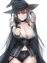 Rule 34 | 1girl, black hat, breasts, brown hair, buckle, cleavage, collarbone, cowboy shot, gloves, hair between eyes, haru (hr works), hat, highres, large breasts, long hair, looking at viewer, navel, open clothes, original, short shorts, shorts, solo, stomach, white background, witch, witch hat, zipper