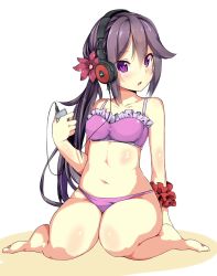 Rule 34 | 10s, 1girl, akebono (kancolle), akg, arm behind back, arm support, barefoot, bikini, black hair, blush, bonkiru, breasts, digital media player, flower, full body, hair flower, hair ornament, headphones, highres, holding, kantai collection, long hair, looking at viewer, navel, open mouth, ponytail, purple bikini, purple eyes, purple hair, scrunchie, side ponytail, simple background, sitting, small breasts, solo, swimsuit, very long hair, wariza, wrist cuffs, wrist scrunchie