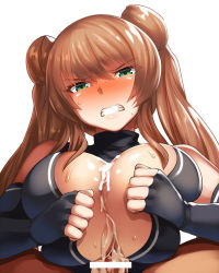 Rule 34 | 1boy, 1girl, angry, bad id, bad pixiv id, bar censor, belko, blush, breasts squeezed together, breasts, brown hair, censored, center opening, cleavage, clenched teeth, cum, cum on body, cum on breasts, cum on upper body, double bun, ejaculation, elbow gloves, embarrassed, fingerless gloves, frown, full-face blush, gloves, green eyes, hair between eyes, hetero, jitome, kanpani girls, large breasts, leifang law, long hair, looking at viewer, out of frame, paizuri, paizuri under clothes, penis, pointless censoring, simple background, solo focus, sweat, teeth, turtleneck, white background