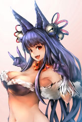 Rule 34 | 10s, 1girl, animal ears, bell, breasts, cleavage, erune, fang, fox ears, fox shadow puppet, gloves, granblue fantasy, hair bell, hair ornament, highres, large breasts, long hair, looking at viewer, navel, open mouth, pooosong, purple hair, red eyes, smile, solo, very long hair, yuel (granblue fantasy)