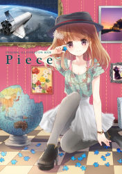 Rule 34 | 1girl, blush, brown hair, checkered floor, cover, cover page, drawing (object), floor, globe, hat, hat ribbon, high heels, holding, looking at viewer, original, pantyhose, pink eyes, puzzle piece, ribbon, shoes, sitting, smile, solo, torii sumi