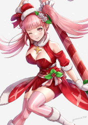 Rule 34 | 1girl, alternate costume, artist name, blunt bangs, blush, boots, breasts, candy, candy cane, christmas, cleavage, female focus, fire emblem, fire emblem: three houses, fire emblem heroes, flower, food, fur scarf, fur trim, gonzarez, grey background, hair flower, hair ornament, hat, highres, hilda valentine goneril, holding, holding candy, holding candy cane, holding food, holly, large breasts, looking at viewer, matching hair/eyes, nintendo, one eye closed, pink eyes, pink hair, pink thighhighs, red skirt, rose, santa hat, skirt, smile, solo, striped clothes, striped thighhighs, thighhighs, twintails, white flower, white footwear, white rose, wink