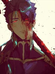 Rule 34 | 1boy, armor, blood, blood on face, blood on clothes, blue bodysuit, blue hair, bodysuit, cu chulainn (fate), earrings, fate/grand order, fate/stay night, fate (series), gae bolg (fate), holding, holding lance, holding polearm, holding weapon, jewelry, lance, cu chulainn (fate/stay night), looking at viewer, male focus, manly, medium hair, oo taka, polearm, red eyes, simple background, solo, upper body, weapon, white background