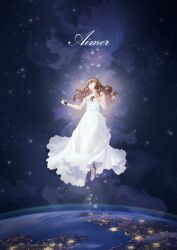 Rule 34 | 1girl, aimer (singer), bare shoulders, bracelet, brown hair, character name, city lights, dress, earth (planet), floating, glasses, glowing, hands up, hashtag-only commentary, high heels, holding, holding microphone, jewelry, long dress, long hair, microphone, night, night sky, outdoors, planet, real life, sky, sleeveless, sleeveless dress, solo, sparkle, star (sky), starry sky, white dress, white footwear, zmeoow