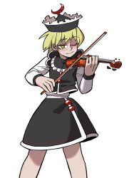Rule 34 | 1girl, absurdres, black hat, black skirt, blonde hair, closed mouth, commentary, eddybird55555, english commentary, frilled hat, frills, hat, highres, holding, holding instrument, holding violin, instrument, long sleeves, looking at viewer, lunasa prismriver, music, one eye closed, playing instrument, ringed eyes, short hair, simple background, skirt, solo, touhou, violin, white background, yellow eyes