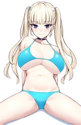 Rule 34 | 1girl, bare shoulders, bikini, blue bikini, blue eyes, blush, breasts, choker, cleavage, closed mouth, collarbone, highres, jewelry, large breasts, light blonde haired girl (michihasu), long hair, looking at viewer, michihasu, original, sidelocks, silver hair, simple background, sitting, spread legs, swimsuit, thighs, twintails, white background