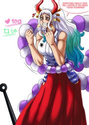 Rule 34 | absurdres, breasts, charge sol, dialogue box, earrings, highres, horns, jewelry, large breasts, multicolored hair, muscular, muscular female, one piece, orange eyes, rope, shimenawa, smile, tagme, two-tone hair, white hair, yamato (one piece)