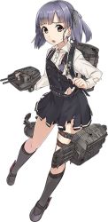 Rule 34 | 10s, 1girl, :o, belt, blouse, blue hair, broken, buttons, dress, facing viewer, full body, grey footwear, gun, hair ribbon, holding, holding gun, holding weapon, kantai collection, konishi (koconatu), long sleeves, looking at viewer, machinery, official art, ooshio (kancolle), ooshio kai ni (kancolle), open mouth, pinafore dress, ribbon, school uniform, serafuku, shirt, shoes, short hair, sleeveless, sleeveless dress, solo, standing, suspenders, thigh strap, torn clothes, torn dress, torn shirt, torpedo, transparent background, turret, twintails, weapon, white shirt