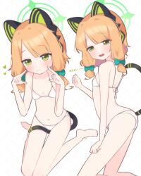 Rule 34 | 1girl, absurdres, animal ear headphones, animal ears, ass, bare arms, bare legs, bare shoulders, barefoot, bikini, blonde hair, blue archive, blush, breasts, cat tail, closed mouth, collarbone, fake animal ears, green eyes, green halo, groin, halo, headphones, heart, highres, lattes2, midori (blue archive), multiple views, navel, short hair, small breasts, smile, swimsuit, tail, toes, white bikini