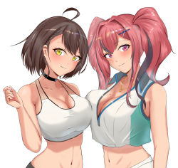 Rule 34 | 2girls, absurdres, ahoge, asymmetrical docking, azur lane, bad id, bad twitter id, baltimore (azur lane), baltimore (black ace) (azur lane), bob cut, breast press, breasts, bremerton (azur lane), bremerton (scorching-hot training) (azur lane), brown hair, choker, cleavage, crop top, crop top overhang, eyelashes, gold necklace, hair intakes, hair ornament, hairclip, heart, heart necklace, highres, huge breasts, ichiki illust, jewelry, large breasts, looking at viewer, midriff, mole, mole on breast, multicolored hair, multiple girls, navel, necklace, red eyes, red hair, shorts, sidelocks, simple background, smile, streaked hair, tank top, twintails, white background, yellow eyes