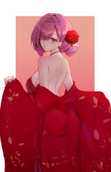 Rule 34 | 1girl, absurdres, ass, azur lane, bareback, breasts, chinese clothes, flower, from behind, hair flower, hair ornament, hair over one eye, highres, medium breasts, medium hair, nightgown, official alternate costume, penelope (azur lane), penelope (ruby-red boudoir) (azur lane), purple eyes, purple hair, red flower, solo, usagi (786113654)