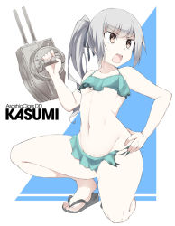 Rule 34 | 1girl, bad id, bad pixiv id, bikini, bikini skirt, blue background, brown eyes, cannon, character name, frilled bikini, frills, green bikini, grey hair, hand on own hip, kantai collection, kasumi (kancolle), long hair, looking to the side, on one knee, open clothes, open mouth, open shirt, pleated skirt, sandals, shigino sohuzi, side ponytail, skirt, solo, squatting, swimsuit, torn clothes, turret, two-tone background, white background