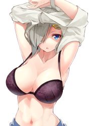Rule 34 | 1girl, :o, absurdres, ahoge, armpits, arms up, blue eyes, bra, breasts, clothes lift, collarbone, grey shirt, hair ornament, hair over one eye, hairclip, hamakaze (kancolle), highres, kantai collection, large breasts, lifted by self, looking at viewer, navel, open mouth, purple bra, shaded face, shirt, shirt lift, short hair, shunichi, silver hair, simple background, solo, stomach, strap gap, tsurime, underwear, undressing, upper body, white background