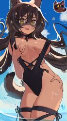 Rule 34 | 1girl, :d, absurdres, animal ears, black one-piece swimsuit, blue sky, breasts, brown hair, cat ears, cat girl, cat tail, cleavage, cloud, commentary, day, english commentary, facepaint, fang, grabbing own breast, hair between eyes, hand on own hip, highres, hunter slime (slime rancher), large breasts, long hair, one-piece swimsuit, open mouth, outdoors, personification, reference inset, reiko lape, skin fang, sky, slime rancher, smile, solo, swimsuit, tail, wading, water, yellow eyes