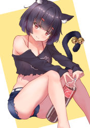 Rule 34 | 1girl, absurdres, animal ears, ass, azur lane, bare shoulders, bell, belt, black hair, black shirt, black shorts, blunt bangs, breasts, cat ears, cat girl, cat tail, classic (zildjian33), cleavage, cola, collarbone, commentary request, denim, denim shorts, eyes visible through hair, head tilt, highres, long sleeves, looking at viewer, midriff, official alternate costume, plastic bottle, red eyes, shirt, short hair, short shorts, shorts, sidelocks, simple background, sitting, smile, soda bottle, solo, spaghetti strap, tail, tail bell, tail ornament, thick eyebrows, two-tone background, yamashiro (azur lane), yamashiro (vacation offensive!) (azur lane)