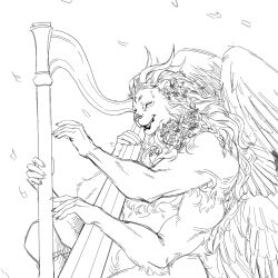 Rule 34 | 1boy, braid, closed eyes, demon horns, dungeon meshi, extra arms, extra eyes, feathered wings, flower, furry, furry male, hair flower, hair ornament, harp, highres, horns, instrument, lion, male focus, monochrome, multiple horns, multiple wings, music, playing instrument, simple background, smile, solo, spoilers, upper body, wind, winged animal, winged lion (dungeon meshi), wings, wushutaichuitousangqideyizhichong