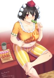 Rule 34 | 1girl, absurdres, barefoot, black hair, blush, breasts, brown eyes, cleavage, commentary request, commission, cosplay, cup, dango, eating, food, food in mouth, foot out of frame, frilled shirt, frills, green tea, hat, highres, holding, holding food, large breasts, looking at viewer, medium bangs, midriff, navel, orange shirt, plump, pom pom (clothes), red hat, ringo (touhou), ringo (touhou) (cosplay), shameimaru aya, shirt, short hair, short sleeves, shorts, sitting, skeb commission, solo, striped clothes, striped shorts, tarmo, tea, toes, tokin hat, touhou, translation request, vertical-striped clothes, vertical-striped shorts, wagashi, yellow shorts, yunomi
