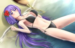 Rule 34 | 1girl, alternate costume, armpits, beach, bikini, biwa lute, black bikini, blush, breasts, cleavage, closed mouth, collarbone, flower, gnlo, hair between eyes, hair flower, hair ornament, halterneck, halterneck, hand on own chest, highres, instrument, large breasts, long hair, looking at viewer, low twintails, lute (instrument), lying, navel, on back, partially submerged, purple eyes, purple hair, side-tie bikini bottom, sideboob, solo, stomach, swimsuit, touhou, tsukumo benben, twintails, very long hair