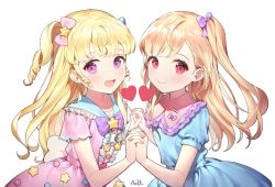 Rule 34 | 2girls, artist name, azit (down), blonde hair, blush, bow, closed mouth, collarbone, commission, hair bow, highres, holding hands, long hair, multiple girls, open mouth, original, pink eyes, purple bow, purple eyes, side ponytail, signature, smile, yellow bow