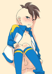 1boy aftersex anal blush bottomless cum cum_in_ass cumdrip fudou_akio inazuma_eleven inazuma_eleven_(series) looking_at_viewer male_focus male_penetrated pov shota socks yaoi