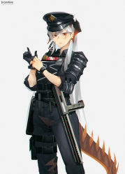 Rule 34 | 1girl, absurdres, adjusting clothes, adjusting gloves, arknights, black gloves, black hat, black pants, black shirt, closed mouth, collared shirt, commentary, earrings, english commentary, gloves, grey background, grey hair, gun, hair between eyes, hands up, hat, highres, horns, jewelry, long hair, long sleeves, looking at viewer, lufi ays, pants, peaked cap, red eyes, saria (arknights), saria (the law) (arknights), shirt, simple background, single glove, solo, spiked tail, tail, very long hair, weapon, weapon request
