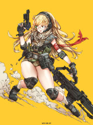 Rule 34 | 1girl, artist name, black footwear, blonde hair, blue eyes, boots, commentary, dutch angle, elbow pads, english text, fingerless gloves, full body, glasses, gloves, gun, handgun, headset, highres, holding, holding gun, holding weapon, knee pads, long hair, looking to the side, open mouth, original, pistol, rifle, round eyewear, shell casing, sketch, socks, solo, tactical clothes, trigger discipline, very long hair, weapon, white socks, woo kim, yellow background