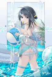 Rule 34 | 1girl, absurdres, ahoge, arknights, ass, ball, bare shoulders, beachball, bikini, black eyes, black hair, blue sky, breast press, breasts, day, hair bun, hair ornament, hairclip, highres, holding, holding ball, innertube, jacket, jacket over swimsuit, kanshio, la pluma (arknights), la pluma (summer flowers) (arknights), long sleeves, mouth hold, official alternate costume, open clothes, open jacket, outdoors, see-through, short hair, sideboob, signature, single hair bun, single side bun, sky, sleeves past wrists, small breasts, solo, strap gap, swim ring, swimsuit, unzipped, wading, water, water drop, whistle, white bikini, white jacket