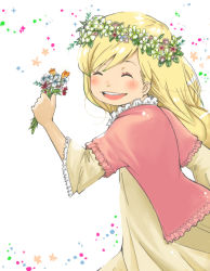 Rule 34 | 00s, 1girl, blonde hair, bouquet, casual, dress, closed eyes, flower, frilled sleeves, frills, hanamoto hagumi, happy, haru (d), holding, honey and clover, long hair, smile, solo, wide sleeves, wreath