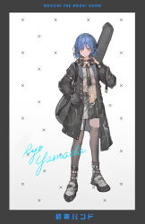Rule 34 | 1girl, ajirui, black necktie, black skirt, blue hair, bocchi the rock!, boots, closed mouth, coat, collared shirt, gigbag, hand in pocket, headphones, headphones around neck, highres, instrument case, mole, mole under eye, necktie, pleated skirt, shirt, short hair, simple background, skirt, solo, white background, yellow eyes