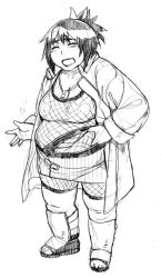 Rule 34 | 1girl, belly, belly grab, blush, breasts, cleavage, closed eyes, fat, fishnets, forehead protector, full body, headband, jewelry, lips, medium breasts, mitarashi anko, monochrome, naruto, naruto (series), necklace, nekomata naomi, open mouth, sagging breasts, short hair, sketch, skirt, solo, standing, thick thighs, thighs