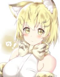 Rule 34 | !, 10s, 1girl, animal ears, bare shoulders, blonde hair, blush, bow, bowtie, breasts, cat ears, closed mouth, elbow gloves, fang, fang out, gloves, highres, japari symbol, kemono friends, looking at viewer, multicolored hair, negino ki, sand cat (kemono friends), serval (kemono friends), short hair, sleeveless, solo, streaked hair, upper body, white background, yellow eyes