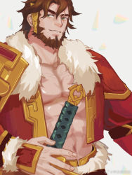 Rule 34 | 1boy, abs, amaimochi, bara, beard, brown hair, character request, copyright request, eyebrow cut, facial hair, fur-trimmed jacket, fur trim, highres, jacket, male focus, mature male, muscular, muscular male, open clothes, open jacket, pectoral cleavage, pectorals, sheath, sheathed, short hair, smile, solo, stomach, thick eyebrows, upper body