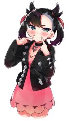 Rule 34 | 1girl, aqua eyes, asymmetrical bangs, asymmetrical hair, bad id, bad pixiv id, black hair, black jacket, black nails, blush, breasts, choker, collarbone, commentary request, creatures (company), dress, earrings, game freak, hair ribbon, highres, jacket, jewelry, long sleeves, looking at viewer, marnie (pokemon), nail polish, nintendo, open clothes, pink dress, pokemon, pokemon swsh, red ribbon, ribbon, simple background, smile, solo, totoki86, twintails, white background