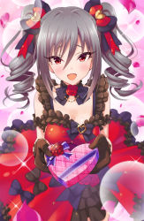 Rule 34 | 1girl, box, commentary request, drill hair, gift, gift box, giving, gloves, heart-shaped box, highres, holding, holding gift, idolmaster, idolmaster cinderella girls, incoming gift, kanzaki ranko, long hair, open mouth, red eyes, silver hair, smile, solo, twin drills, twintails, urabi (tomatohouse), valentine
