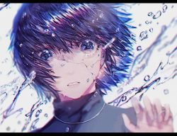 Rule 34 | 1girl, black hair, black shirt, blue eyes, blurry, blurry foreground, commentary request, hand up, jewelry, letterboxed, looking at viewer, necklace, original, parted lips, portrait, shirt, short hair, simple background, solo, tsukiiro, turtleneck, water, white background