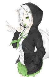 Rule 34 | 1girl, animal ears, black jacket, breasts, candy, closed mouth, collarbone, commentary request, cowboy shot, food, fox ears, fox girl, fox tail, green eyes, green neckerchief, green skirt, hair ornament, hairclip, hand in pocket, head tilt, highres, holding, holding candy, holding food, holding lollipop, hood, hood up, hooded jacket, jacket, konagi (konotuki), lollipop, long sleeves, neckerchief, open clothes, open jacket, original, pleated skirt, sailor collar, school uniform, serafuku, shirt, silver hair, simple background, skirt, sleeves past wrists, small breasts, solo, tail, tail raised, white background, white sailor collar, white shirt, x hair ornament