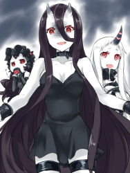 Rule 34 | 10s, 3girls, abyssal ship, battleship princess, black dress, black hair, bonnet, breasts, claws, dress, eating, gothic lolita, hair between eyes, horns, isolated island oni, kantai collection, large breasts, lolita fashion, long hair, looking at viewer, maruki (punchiki), multiple girls, pale skin, red eyes, seaport princess, shaded face, short dress, single horn, skin-covered horns, smile, tears, very long hair, white hair