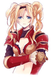 Rule 34 | 10s, 1girl, :o, armor, bikini armor, blonde hair, blue eyes, braid, breasts, brown gloves, cleavage, cleavage cutout, clothing cutout, gb hm, gloves, granblue fantasy, hair between eyes, hair intakes, hairband, long hair, looking at viewer, navel, open mouth, red armor, shoulder pads, simple background, solo, twintails, upper body, water, wet, white background, zeta (granblue fantasy)