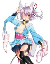 Rule 34 | &gt;;o, 1girl, ;o, ahoge, animal ears, arm up, bell, black gloves, black thighhighs, blue kimono, blue skirt, blush, breasts, bridal gauntlets, chain, collar, collarbone, fox ears, fox tail, frilled kimono, frills, gloves, hair between eyes, hair ornament, hair ribbon, hairclip, highres, japanese clothes, jingle bell, keita (tundereyuina), kimono, long sleeves, miniskirt, no panties, one eye closed, open clothes, open kimono, open mouth, original, pink ribbon, pleated skirt, purple hair, red ribbon, ribbon, sash, shiny skin, short hair, simple background, skirt, small breasts, solo, standing, tail, tassel, thighhighs, torn clothes, torn thighhighs, two side up, v-shaped eyebrows, white background, wide sleeves, yellow eyes