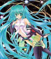 Rule 34 | 1girl, aqua eyes, aqua hair, barefoot, belt, breasts, bridal gauntlets, elbow gloves, female focus, fingerless gloves, gloves, hatsune miku, hatsune miku (append), long hair, marker (medium), navel, necktie, rano, smile, solo, toeless legwear, traditional media, twintails, very long hair, vocaloid, vocaloid append
