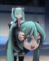 Rule 34 | 1girl, absurdres, aqua eyes, aqua hair, aqua necktie, bare shoulders, black skirt, black sleeves, blue eyes, boots, child, commentary, cosplay, cowboy shot, detached sleeves, empty eyes, english commentary, expressionless, grey shirt, hair ornament, half-closed eyes, hatsune miku, headphones, highres, holding, holding mask, kigurumi, knee boots, long hair, mask, unworn mask, mikudayoo, miniskirt, motion blur, necktie, open mouth, outstretched arms, pleated skirt, reaching, running, scaffolding, shirt, skirt, sleeveless, sleeveless shirt, smile, solo, stage, standing, twintails, vertigris, very long hair, vocaloid, white shirt