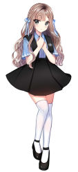 Rule 34 | 1girl, bad id, bad pixiv id, black footwear, black skirt, blue bow, blue shirt, blush, bow, braid, brown hair, collared shirt, grey eyes, hair bow, hands up, highres, long hair, looking at viewer, mamel 27, original, shirt, shoes, short sleeves, simple background, skirt, solo, standing, standing on one leg, suspender skirt, suspenders, thighhighs, very long hair, white background, white thighhighs, wide sleeves