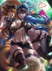 Rule 34 | 2girls, absurdres, ahri (league of legends), animal ears, bikini, bikini top only, breast press, breasts, cleavage, d.va (overwatch), facial mark, fox ears, fox tail, hat, highres, large breasts, league of legends, multiple girls, nail polish, navel, officer d.va, overwatch, overwatch 1, phone, police, police hat, police uniform, policewoman, rabbit ears, sakimichan, selfie, short shorts, shorts, swimsuit, tail, thighhighs, unbuttoned, uniform, v, watermark, whisker markings