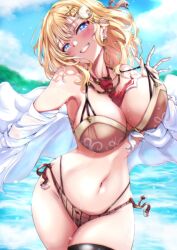 Rule 34 | 1girl, adapted costume, alternate costume, beach, bikini, bikini pull, black thighhighs, blonde hair, blue eyes, blush, breasts, brown bikini, cleavage, clothes pull, collarbone, grin, hair ornament, highres, hololive, hololive english, large breasts, looking at viewer, navel, necktie, open clothes, open shirt, plaid, plaid bikini, red necktie, shirt, short hair, short necktie, side-tie bikini bottom, sky, smile, solo, stomach, swimsuit, tadatada yui, thighhighs, virtual youtuber, watson amelia, white shirt
